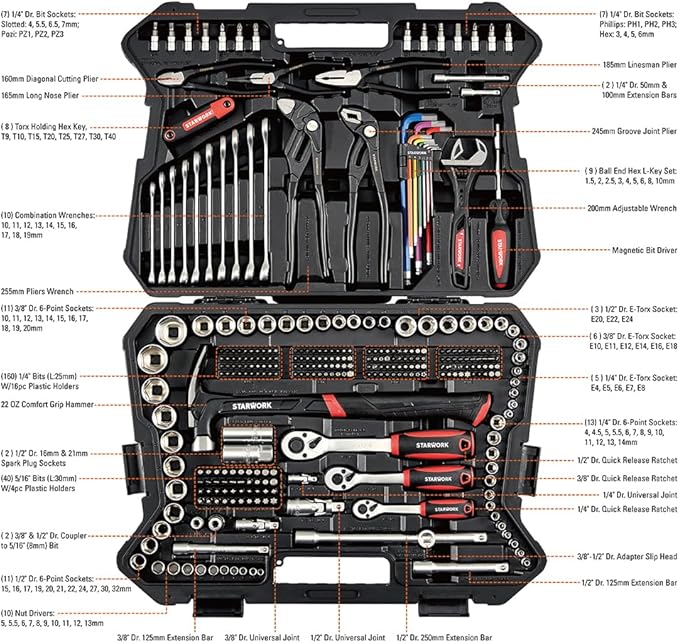 STARWORK TRUE MECHANIC™ 324-Piece Mechanics Tool Set and Socket Set with 22oz Dragon One-Piece Rip Hammer w/Grip, Professional
