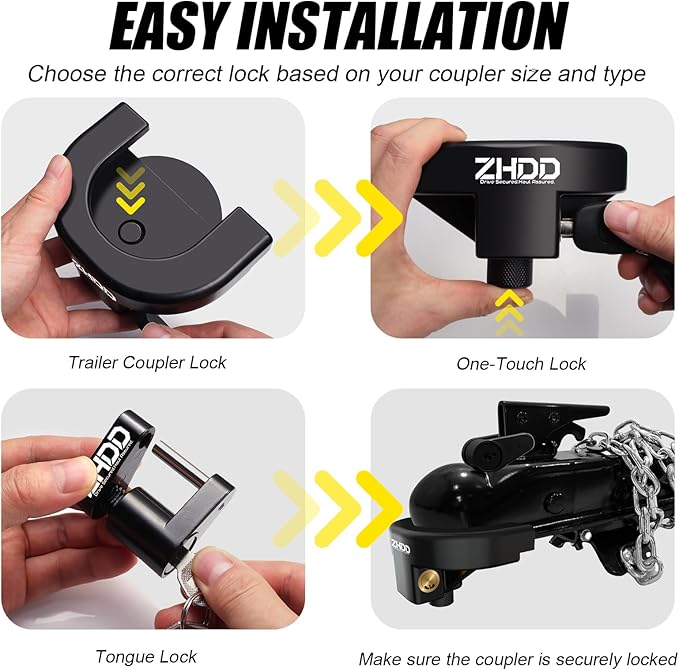 Trailer Hitch Lock, Heavy Duty Anti-Theft Trailer Tongue Lock for 2 Inch Couplers, Reinforced Solid Steel Tow Hitch Coupler Locks Set for RV, Camper, Boat, Caravan
