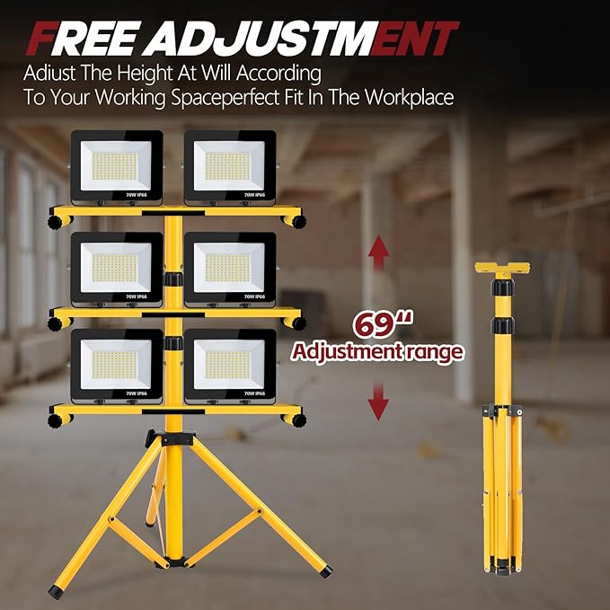22000 Lumen Work Lights with Stand, 2 Adjustable Head LED Work Light, with Adjustable and Foldable Tripod Stand, Waterproof Lamp with Individual Switch with 6500 Kelvin Color (2-head)