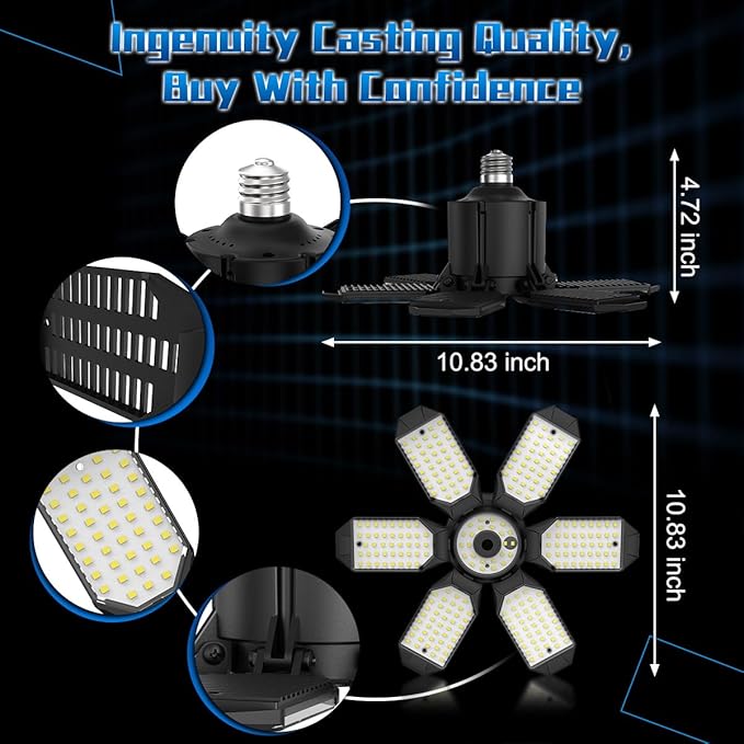 Garage Light Bulbs - Garage Lights Led Screw into Bulb Socket with 6 Deformable Panels 6500K Basement Light Fixture E26 Base Led Shop Lights for Basement Workshop Warehouse Attic - 4Pack