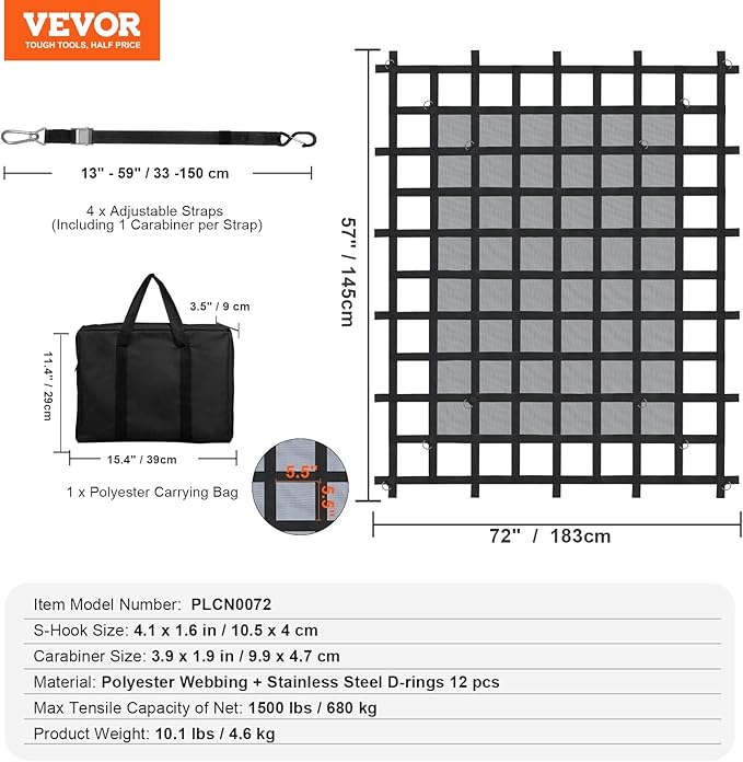 VEVOR Cargo Net for Pickup Truck Bed, 6' x 4.75' Heavy Duty Truck Cargo Net Safety Mesh Net with 4 S-Hook Straps with Carabiners & S-Hooks for Trailer, Pickup, Boat, Jeep, SUV