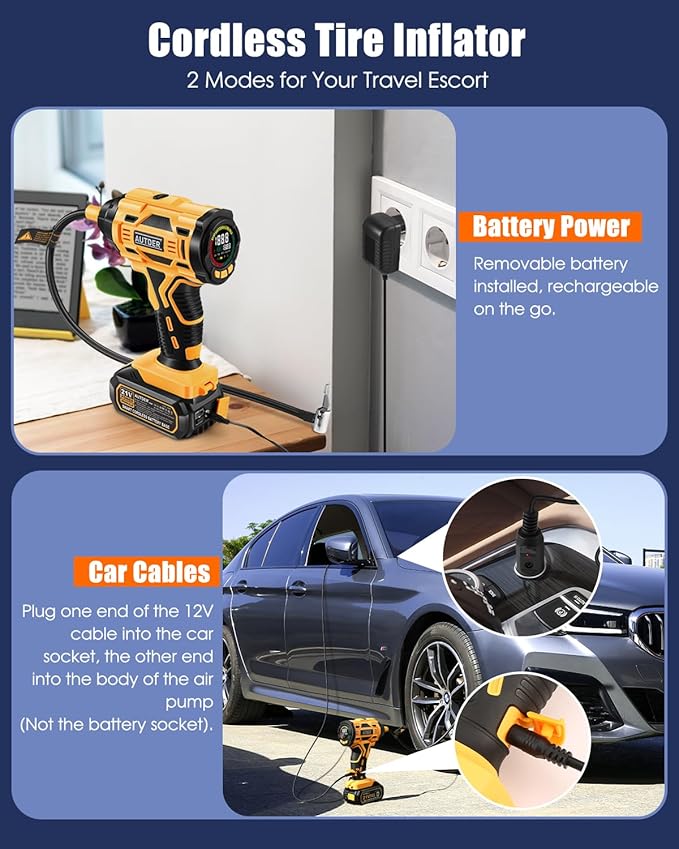 AUTDER Cordless Tire Inflator, 180PSI Portable Air Compressor with 21V Rechargeable Battery & 12V DC Car Adapter, Fast Inflation Digital Pump for Cars, Motorcycles, Bikes & Sports Balls - Black Yellow