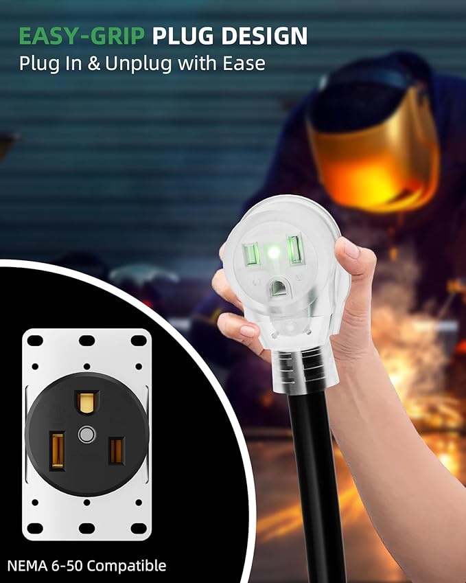 25ft 250V Welder Extension Cord, 10 Gauge Heavy Duty Outdoor Welding Cord with LED Indicator, NEMA 6-50P to 6-50R, 30 Amp 3 Prong Power Extension for Welding Machines, 10 AWG SJTW, Black