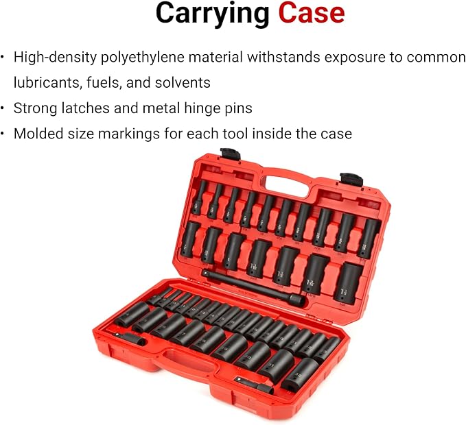 TEKTON 1/2 Inch Drive Deep 6-Point Impact Socket Set with Case, 45-Piece (5/16-1-1/4 in., 8-32 mm) | SID92404