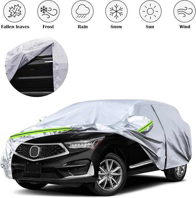 Waterproof Car Covers Replace for 2013-2024 Acura RDX, 6 Layers Silver All Weather Car Cover with Zipper Door & Windproof Bands for Snow Rain Dust Hail Protection