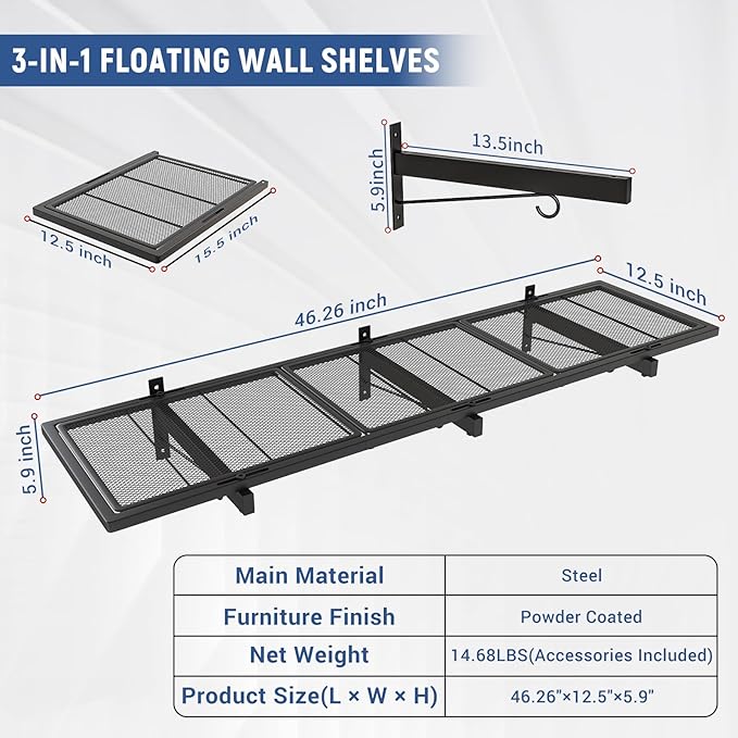 2 Pack Garage Wall Shelf, Heavy Duty Garage Shelving, 46"X 12.5" Wall Mounted Floating Shelves, Metal Hanging Storage Rack with 8 Hooks, Utility Organizer Max Load 320 LBS for Laundry Room, Workshop