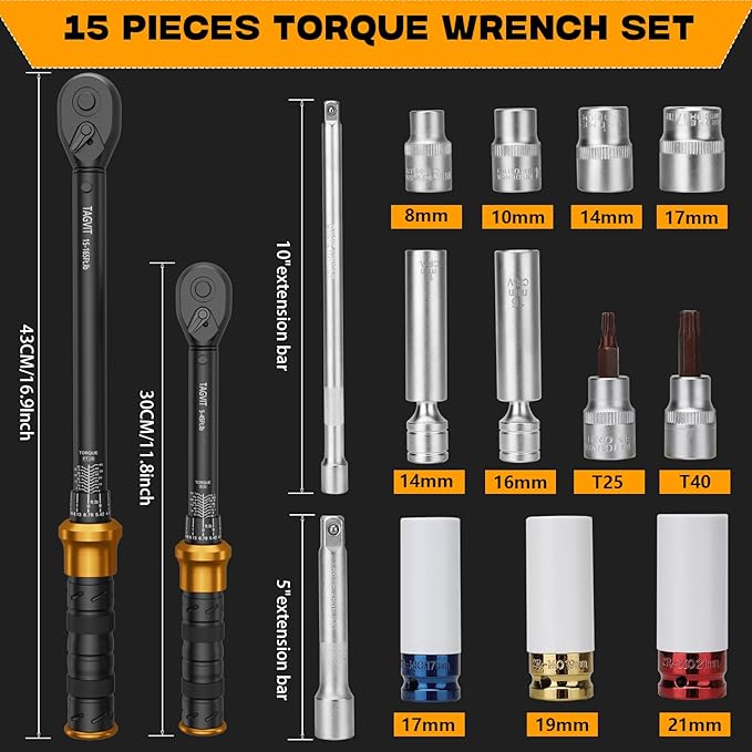 1/2 3/8 -inch Drive Click Torque Wrench, 5-45Ft.lb, 15-165Ft.lb 15Pcs Torque Wrench Set with 10"/5" Extension Bar, 8/10/14/17/17/19/21mm Sockets, 14/16mm Swivel Spark Plug Socket, T25/T40 Torx