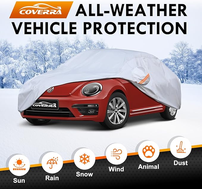 Car Cover Custom Fit for VW New Beetle Bug 2-Door 1998-2025, 6 Layer Heavy Duty Waterproof All Weather Car Tarp Outdoor Protection with Cotton Lining
