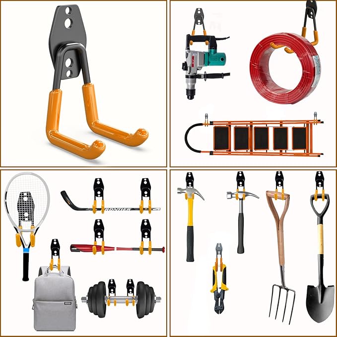 3-H Garage Wall Hooks Heavy Duty 8 Pack, Anti-Slip Steel Wall Mount Storage Hooks for Hanging Ladder Garden Yard Tools, Utility Organizer for Garage Lawn Shed(Orange)