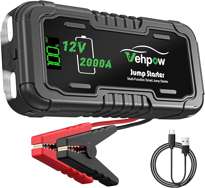 2000A Jump Starter, Car Battery Jump Starter - 12V Lithium Booster Pack, 20000mAh Portable Jump Box, Power Bank & Emergency LED Light, Jumper Cables - for 8.0L Gas and 6.0L Diesel Engines