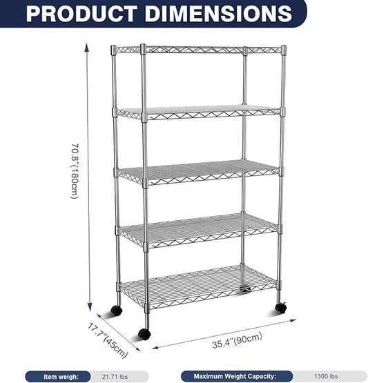 5-Tier Heavy Duty Metal Shelf,Chrome Wire Shelving Unit 35" Wx18 Dx71 H,Height Adjustable Storage Wire Shelves with Lockable Wheels for Garage,Kitchen,Office,Bathroom,Studio