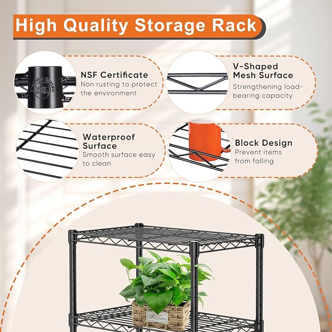 HealSmart 5-Tier Metal Wire Storage Shelves, Adjustable Standing Storage Rack Shelf, Heavy Duty Steel Shelving Unit Organizers for Kitchen Bathroom Pantry Garage, 23.3" W×13.4" D×60" H, Black