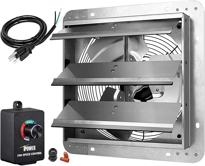 iPower 14 Inch Wall Mounted Shutter Exhaust Fan with Speed Controller and Power Cord Kit, Aluminum, 1600 RPM, 1000 CFM, for Attic, Garage, Louvered Vent, Plant, Greenhouse, Silver