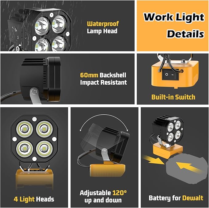 6000LM Work Light Compatible with Dewalt 20V Battery, Portable 40W LED Light with Low Voltage Protection Adjustable 120° Flashlight Gift for Car Repairing, Workshop, Outdoor, Emergency