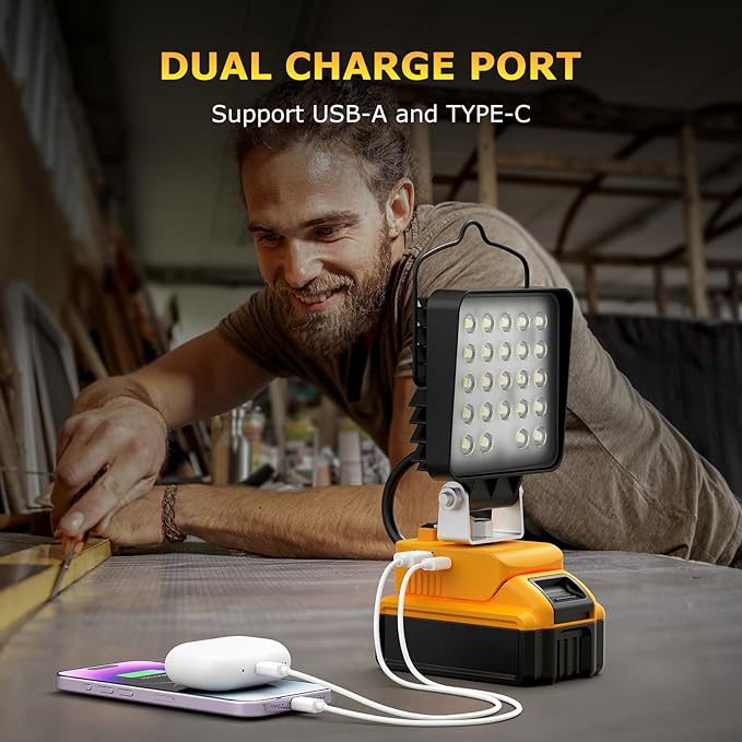 2 Pcs Cordless LED Work Light for Dewalt 20v Max Battery, 112W 11200LM Battery Light for Dewalt 20v Tools, Portable Outdoors Flood Lighting with USB & Type-C Charging Port, Low Voltage Protection