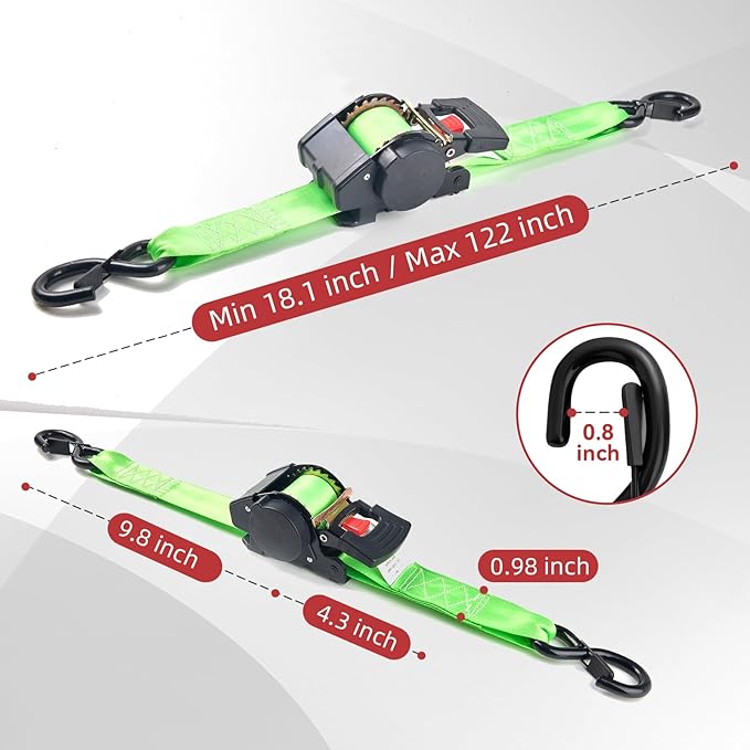 Automatic Retractable Ratchet Tie-Down Straps 1800 lbs, 1in × 10ft Heavy Duty Self-Retracting Ratchet Straps with Dampers, Auto Retract Strap System for Cargo, Trucks, Trailers, 2 Pack, Green