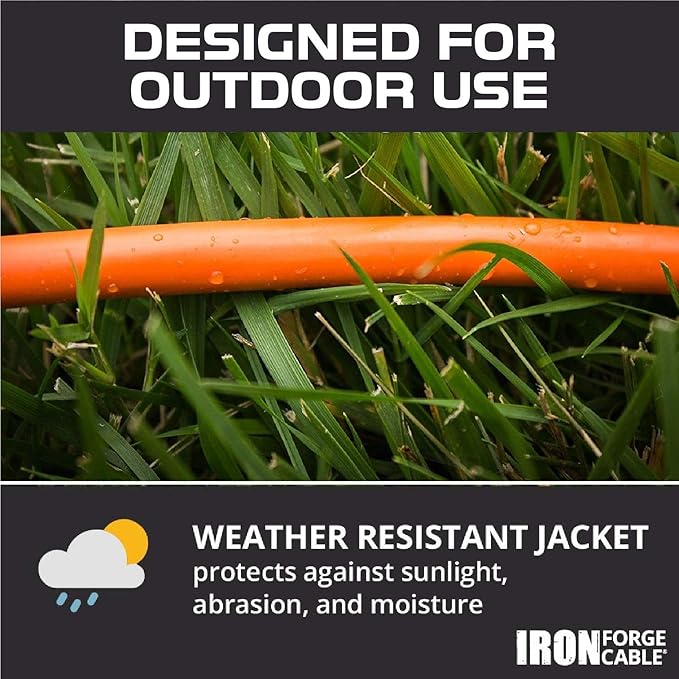 IRON FORGE CABLE 50 Ft Orange Extension Cord - 16/3 SJTW Heavy Duty Outdoor Extension Cable with 3 Prong Grounded Plug for Safety - Great for Garden & Major Appliances