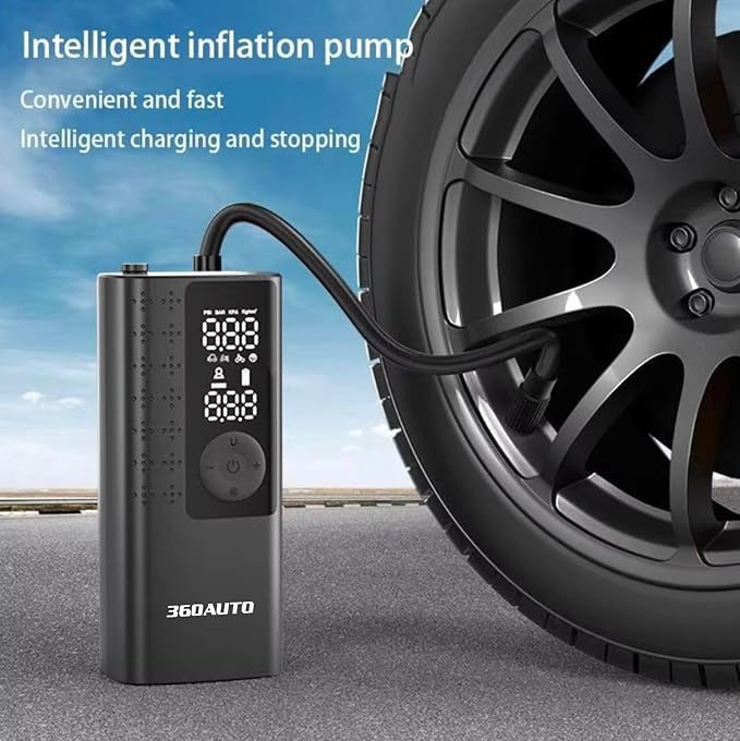 Portable Air Compressor Tire Inflator Pump – Cordless Electric 5X Faster Air Pump for Car, Bike, Ball & More – 150 PSI with Pressure Gauge, Battery Powered, Auto-Off, Accessories Included