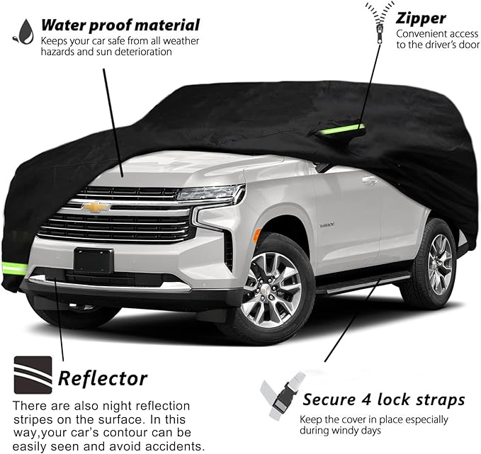 YIXIN Waterproof Car Cover for 2007-2026 Chevrolet Tahoe/GMC Yukon/Cadillac Escalade Car Cover Custom Fit 100% Waterproof Windproof Strap & Single Door Zipper Up to 213” L (Black)