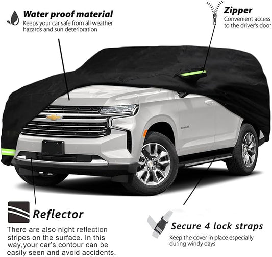 YIXIN Waterproof Car Cover for 2007-2026 Chevrolet Tahoe/GMC Yukon/Cadillac Escalade Car Cover Custom Fit 100% Waterproof Windproof Strap & Single Door Zipper Up to 213” L (Black)