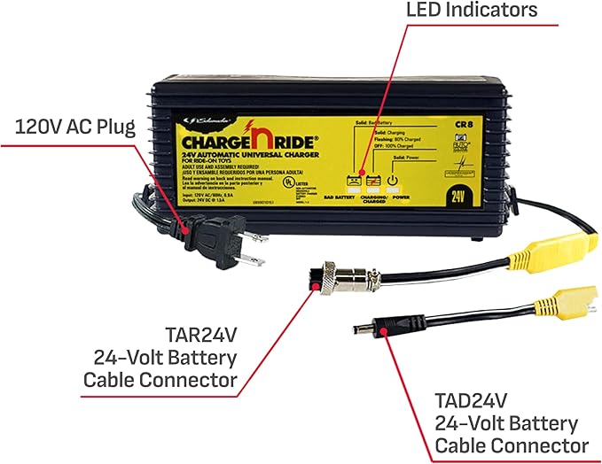 Schumacher Electric 24 Volt Universal Battery Charger for Ride on Toys - Charge 'N Ride CR8-1.5 Amp, Fully Automatic - Compatible with Dynacraft and Razor
