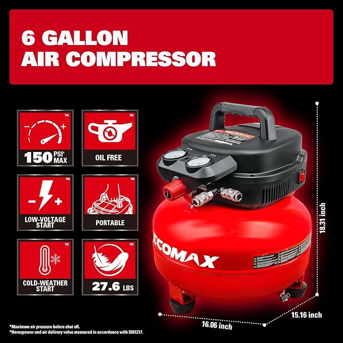Air Compressor, 6 Gallon Pancake Air compressor, Max 150 PSI, 2.6 CFM @90 Psi, Oil Free Pancake Compressor for Home and Jobsite, Red Model: 0210673