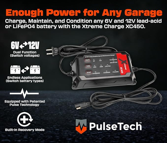 PulseTech XC450 Xtreme Charge 4 AMP Smart Battery Charger Maintainer, Trickle Charger | Test, Charge, Condition & Maintain All 6V/12V Batteries: Lead Acid, LiFeP04, Lithium, VRLA, AGM, Gel & Flooded
