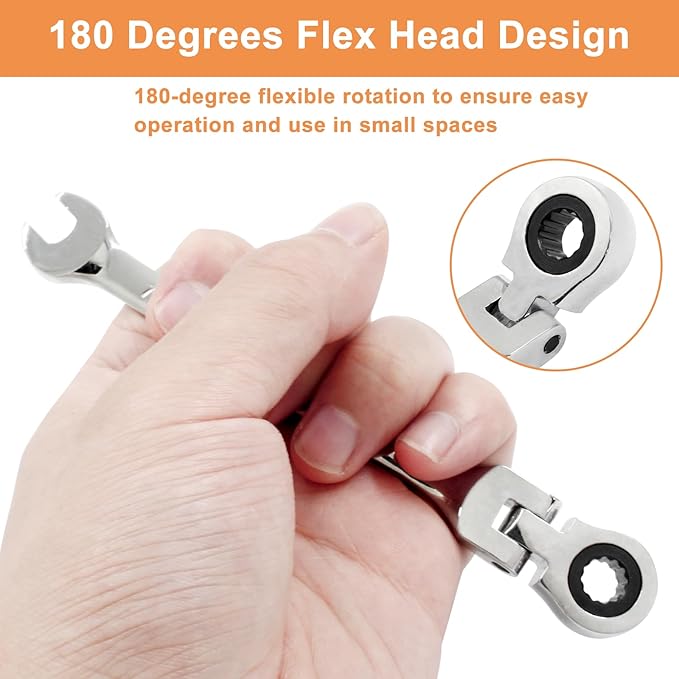 Piutouyar 7mm Flex-Head Ratcheting Wrench, Professional Metric Ratchet Wrench Combination Wrench Box Ended Spanner Tool for Projects Repair(5° Movement and 72 Teeth 12 Point, CR-V)