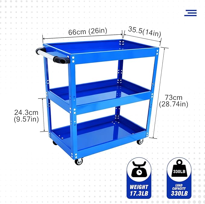 3 Tier Rolling Tool Cart with Wheel - Heavy Duty Metal Utility Shop Carts Organizer Mobile Tool Storage Service Small Work Cart for Maintenance Garage Mechanics Industrial