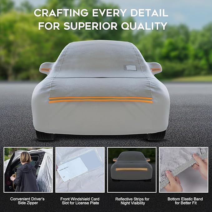 Waterproof Hatchback Car Cover: 6-Layer Protection from Rain, Snow, UV & Dust - Universal Fit up to 189 inches with Zipper Door & Windproof Straps for Outdoor, Garage, Travel Use,Silver