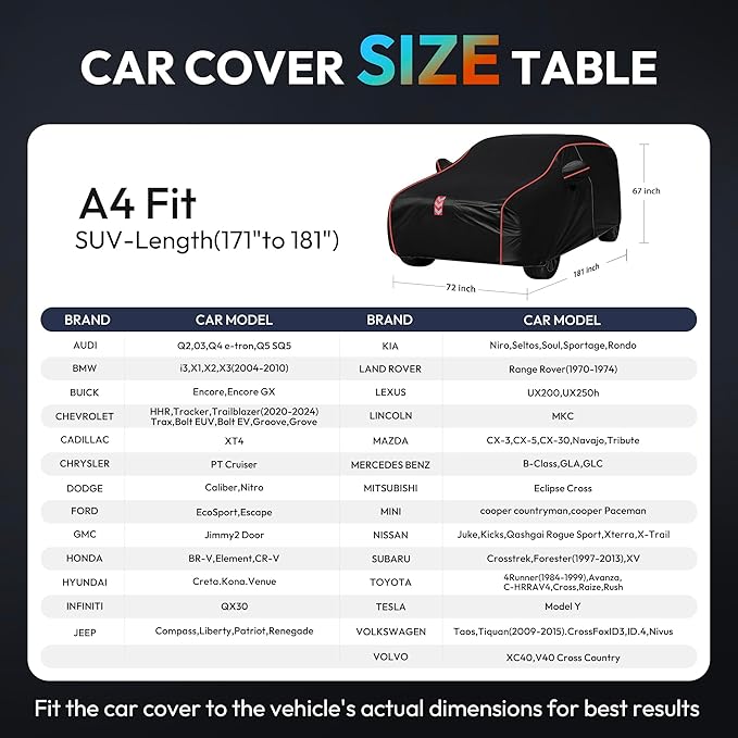 SUV Car Cover, All-Around Fastening 60s Quick-Install, 4 Upgrades for SUV up to 181 in for Car Cover Waterproof All Weather