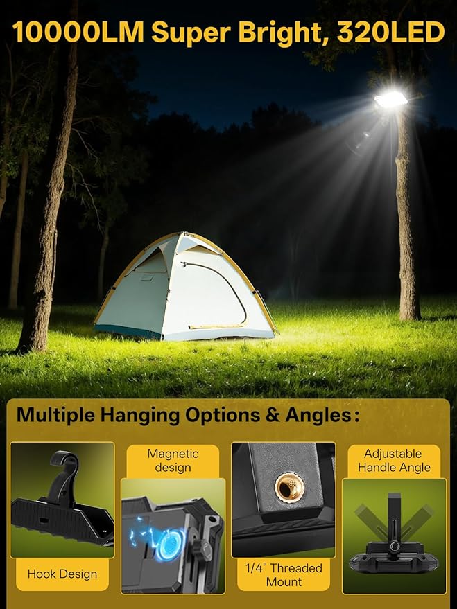 LED Work Light Rechargeable Outdoor, 13000mAh Work Flood Lights 10000LM with 4 Light Modes for Camp Essentials, IP65 Waterproof LED Lantern for Emergency, Power Outages, Car Repair, Tent