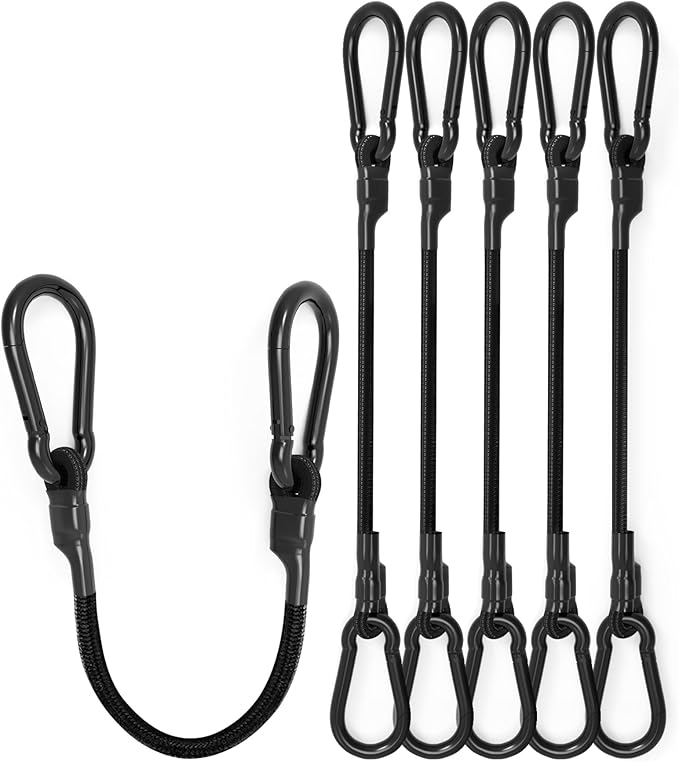 6 Inch Short Small Bungee Cords with Carabiner Hooks, 8 Pcs Black Mini UV Resistant Bungee Straps with Superior Elasticity Thai Latex, Great for Cargo, Bike, Kayak Boat, Luggage, etc