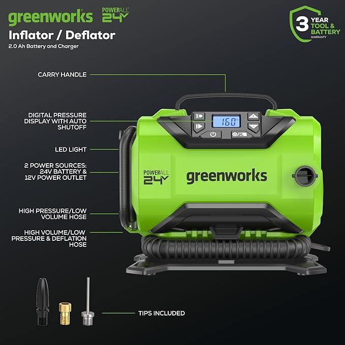 Greenworks 24V Cordless Tire Inflator, 160 PSI Portable Air Compressor, 2 Power Sources, Auto Shut Off, for Car, Bicycle, Motorcycle, Air Boat, Inflatables With 2.0 Ah Battery & 2A Fast Charger
