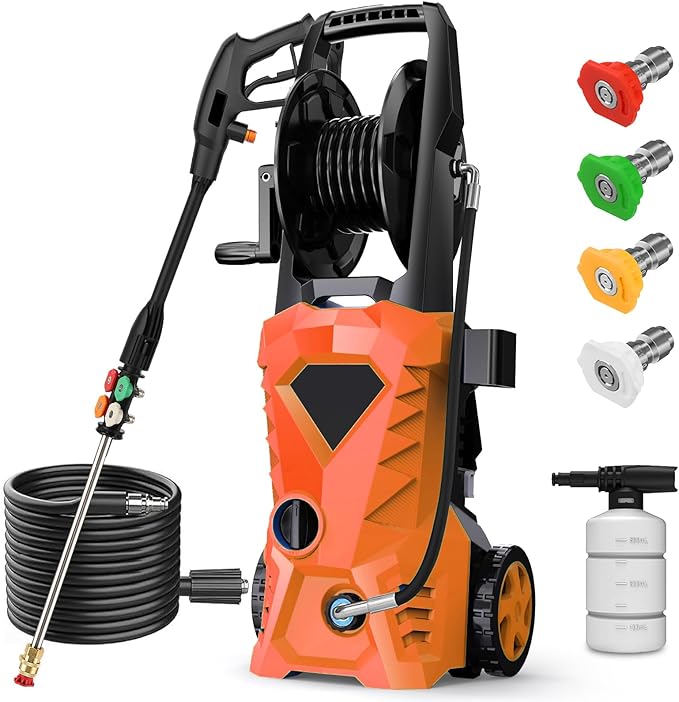 5000PSI Electric Pressure Washer - 2025 New Power Washer with Upgraded 33ft Pressure Washer Hose Reel, Foam Cannon, 4 Nozzle Set, Power Washer for House/Patios/Car/Fence, Orange