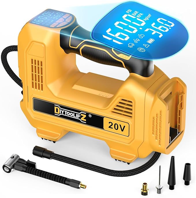 DIYtoolifz 160PSI Cordless Tire Inflator Compatible with Dewalt 20V Air Compressor, Portable Air Pump Automatic Shut Off, LED Light, Digital Pressure Gauge for Cars Motorcycles Bike Ball (Bare Tool)