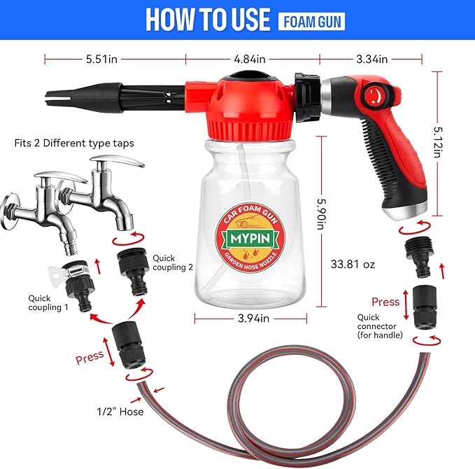 MYPIN 16 in 1 Car Wash Foam Gun, Foam Cannon,Adjustable Hose Wash Sprayer with 2.5 to 6 Bars Foam Blaster,Suitable for Car Cleaning and Garden Use with 1/2” Quick Connector (Clear)