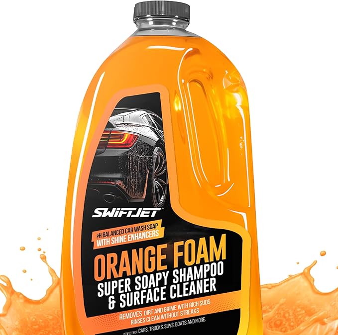 SwiftJet Orange Foam Car Wash Soap – pH Balanced Super Soapy Shampoo & Surface Cleaner – Thick Foaming Suds for Cars, Trucks, SUVs & Boats – Streak-Free Shine, Safe on Wax & Sealant (64 FL OZ)