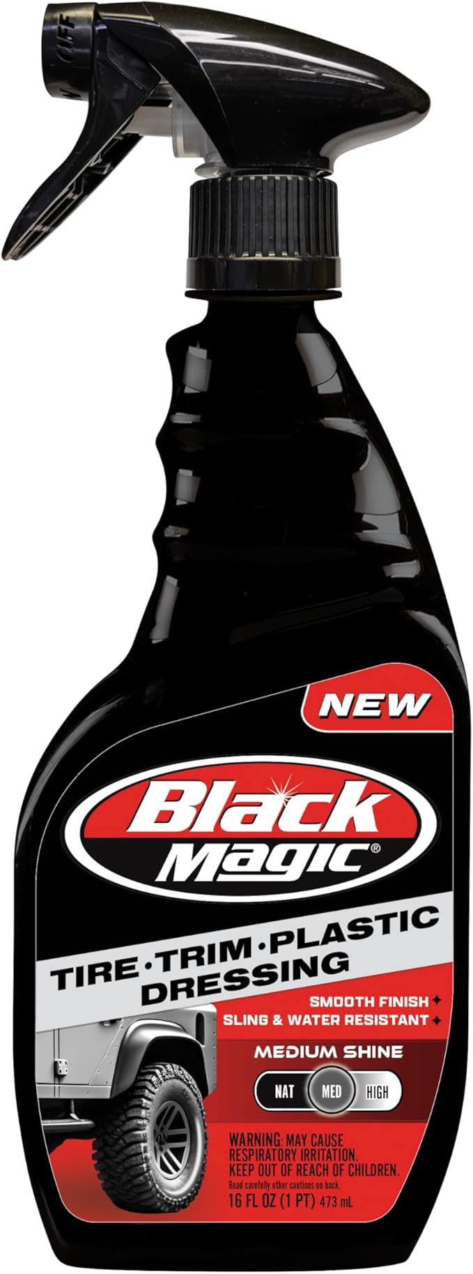 Black Magic 120230 Tire Trim Plastic Dressing, Medium Shine, Streak-Free, Water Resistant & Non-Greasy Formula for Tires, Trim & Plastic, Lasts Up to 2 Weeks - 16 Fl Oz