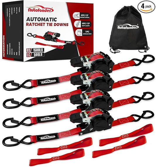 Heavy-Duty Retractable Ratchet Straps (4-Pack) – 1500 lb Break Strength Auto Self-Retracting Tie-Down Straps 1 inch x 12 Feet with Soft Loops, for Truck Motorcycle ATV Cargo Trailer