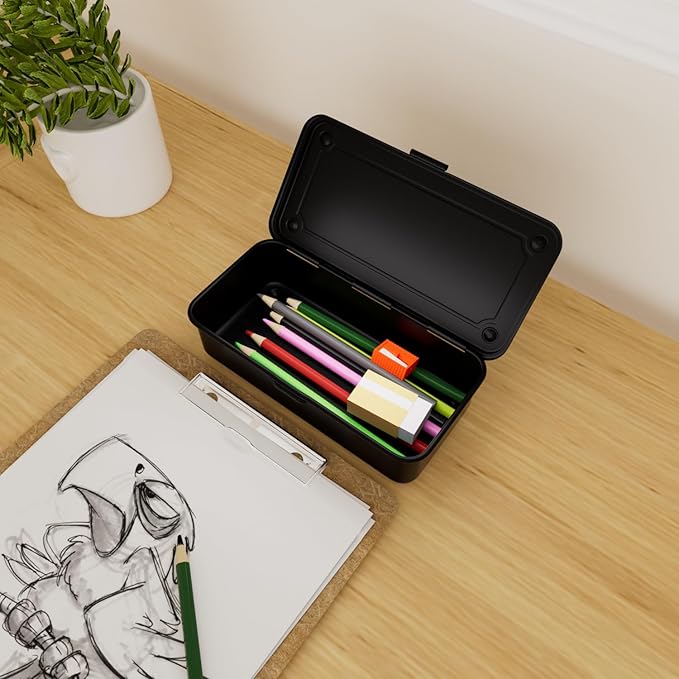 Small Metal Tool Box with Latch, Mini Steel Toolbox Storage Box, Portable Tin Box with Lid for Tools, Car, Workshop & Crafts 7.9" (Black)