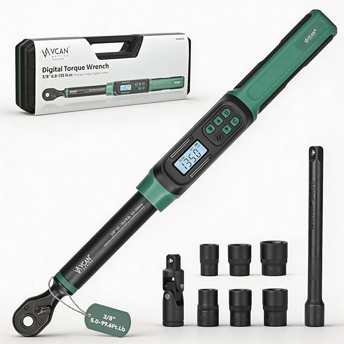 3/8 Torque Wrench Digital (5.02-99.6 Ft.Lb) ±1% Average test accuracy Digital Tire Torque Wrench 3/8 Drive|Digital Torque Wrench Set with Buzzer and Colorful LED Indicator&Track Mode for Moto Auto Car