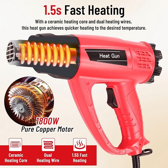 1800W Heat Gun 140℉~1112℉ (60℃-600℃) Fast Heating Heavy Duty Hot Air Gun Kit with Variable & Dual Temperature Settings, Overheat Protection, 5 Nozzles for Crafts (1800W Red Corded Heat Gun)