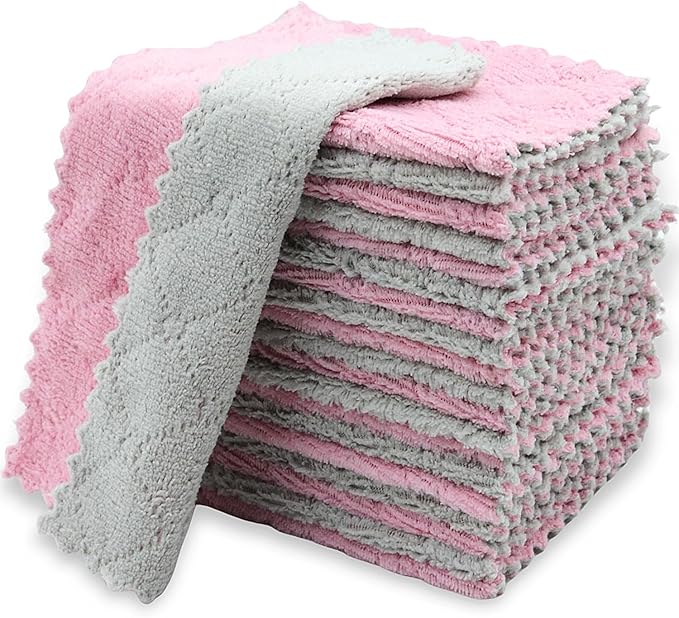 24PCS Kitchen Dishcloth, Microfiber Washcloth, Soft Cleaning Cloths, Coral Fleece/Lint Free/Absorbent/Quick Dry/Nonstick Oil Rags, Reusable Washable Tea Towel, 6''x10'' (Pink)