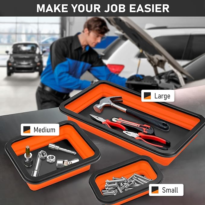 Collapsible Magnetic Parts Tray Set, 3 Different Size Foldable Silicone Magnetic Tool Trays for Bolts, Screws, Nuts and Other Small Metal Parts, Mechanic Tool for Men