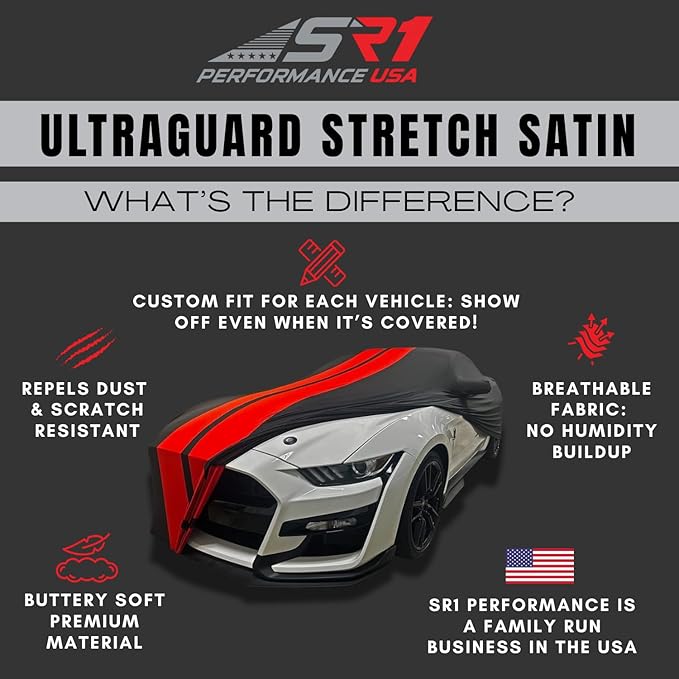SR1 USA C6 Corvette Indoor Car Cover - Custom Fit Ultraguard Stretch Satin Sport Series - The Ultimate High End Fitment for 2005-2013 C6, Z06, ZR1, Grand Sport Corvettes (Red/Black)