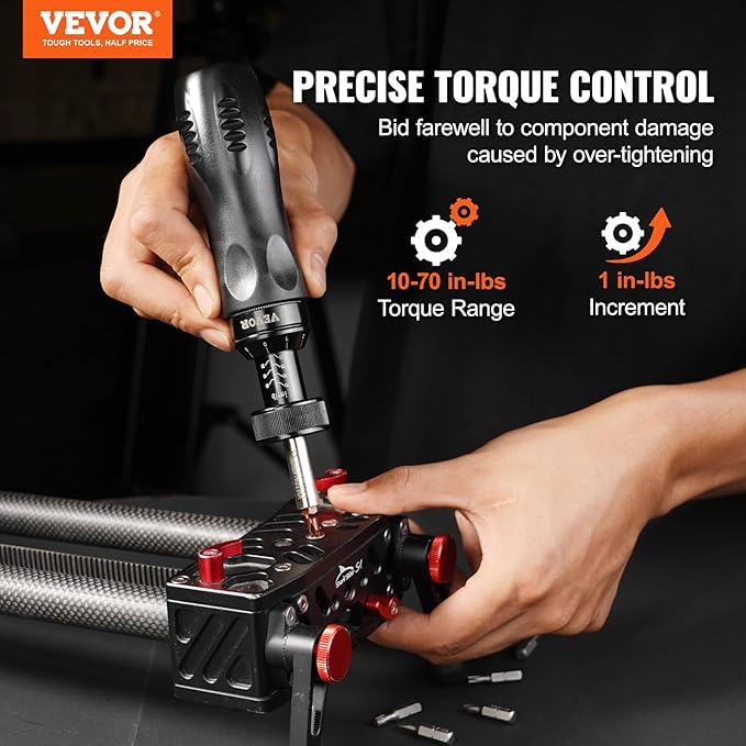 VEVOR Torque Screwdriver, 1/4" Drive Screwdriver Torque Wrench, Electrician Torque Screwdriver with Scale, 10-70 in/lbs Torque Range, 1 in-lbs Torque Increment Torque Screwdriver with Bits & Case