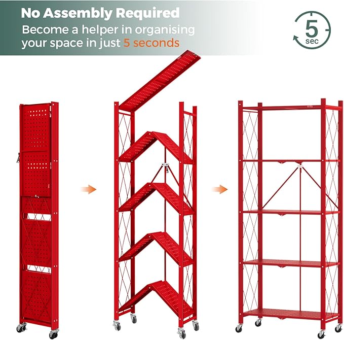 DEANIC 5-Shelf Folding Bookcase with Wheels, Heavy Duty Storage Shelves, Freestanding Metal Wire Shelving Unit for Living Room, Office, Kitchen, Basement, Pantry(Red)