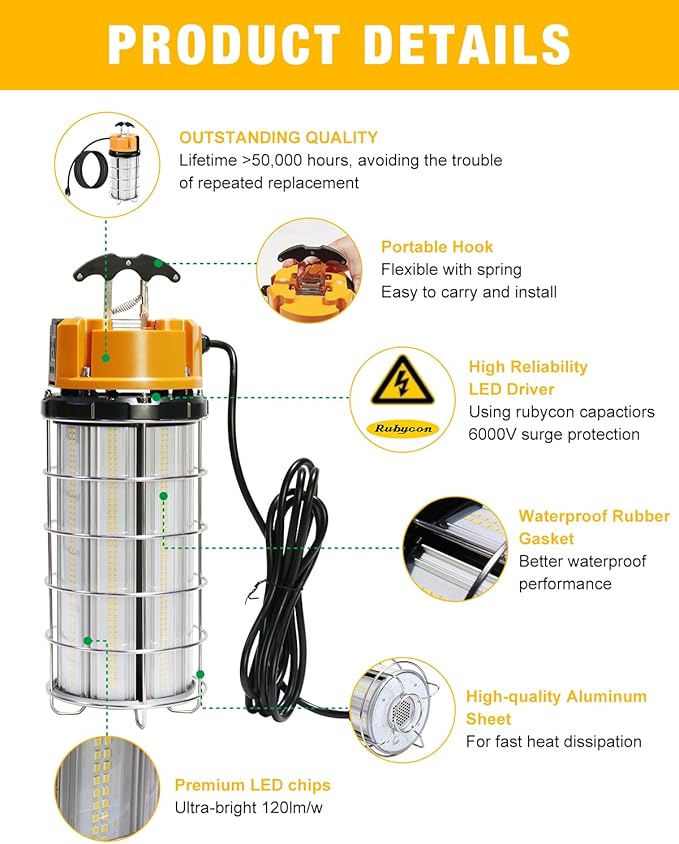 LED Temporary Work Light 250W, Construction Lights 5000K 30,000lm Outdoor Job Site Lighting 10ft Cord IP65 Dust Waterproof Hanging Lighting