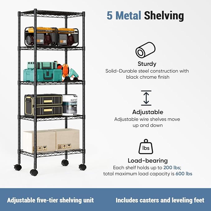 DUMOS 2 Pack 3Tier 5Tier Metal Shelving, Heavy Duty Shelves Wire Shelving Unit with Removable Wheel Casters, Shelves Organizer for Bathroom Garage Living Room Kitchen Pantry Laundry